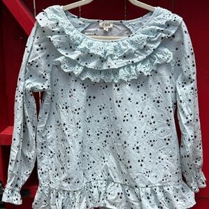 POL Blue Long Sleeve Tee with Ruffled Neckline